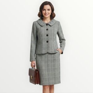 SZ10 Plaid Vintage Pencil Skirt Suit Set Green Grey